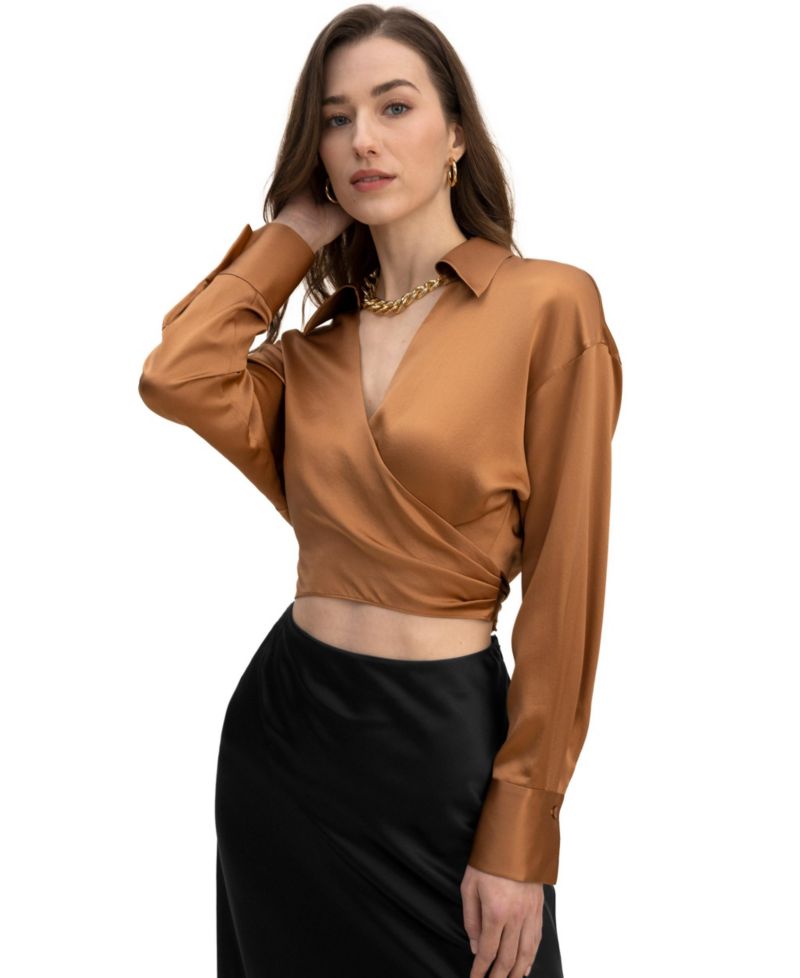 Women's Pure Silk Blouse Wrapover Cropped Shirt
