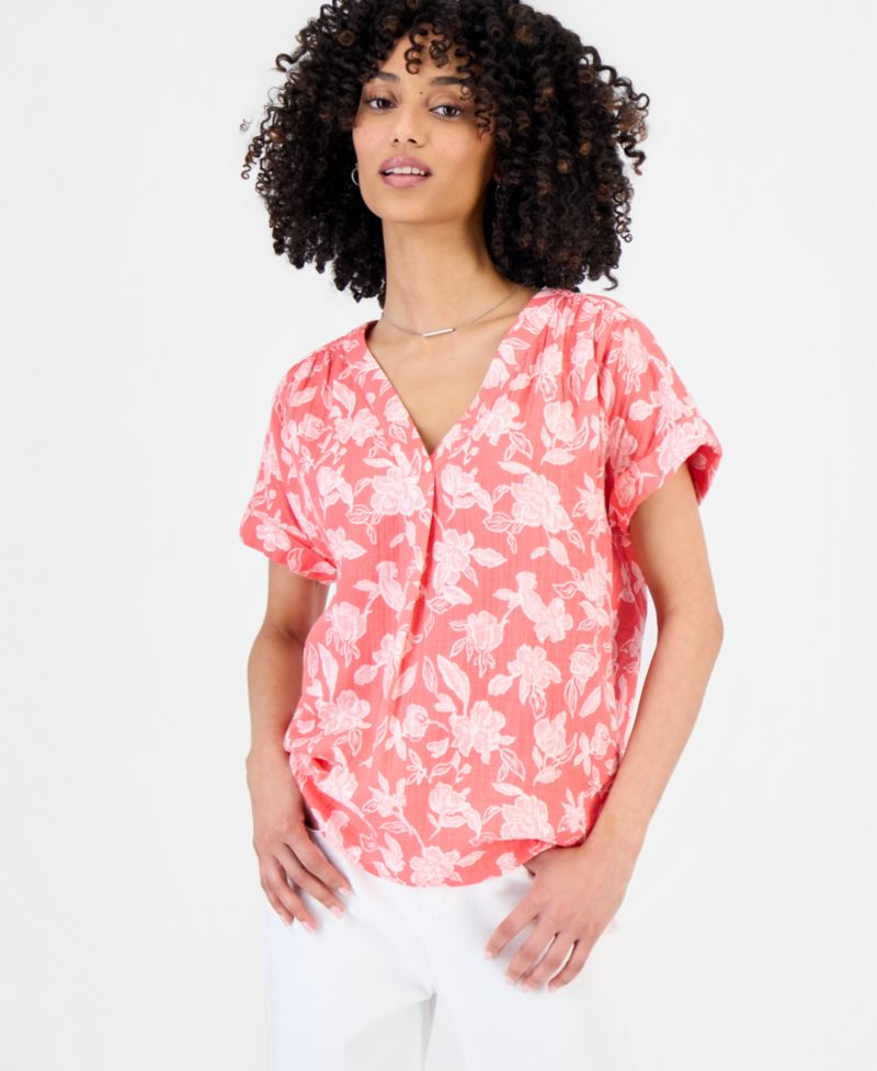 Petite Cotton Gauze V-Neck Short-Sleeve Top