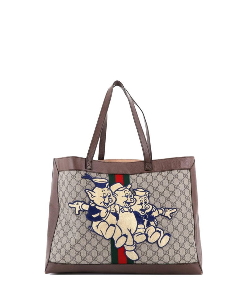 East West Disney Three Little Pigs Ophidia Soft Open Tote GG Coated Canvas