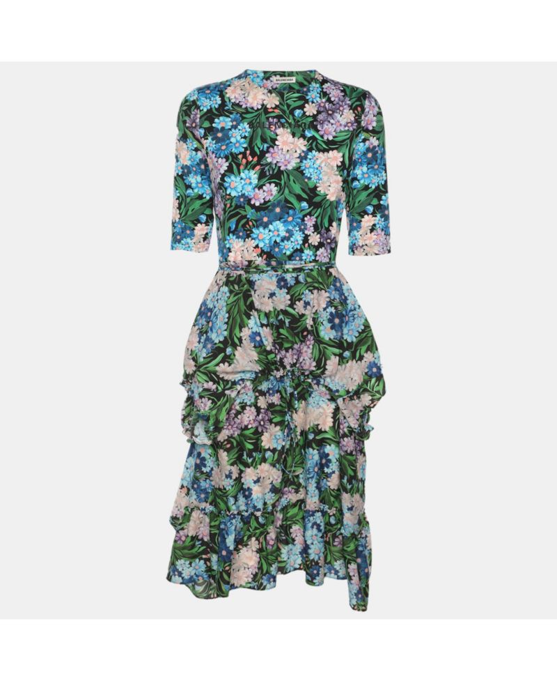 Women's Floral Print Ruffled Drawstring Midi Dress