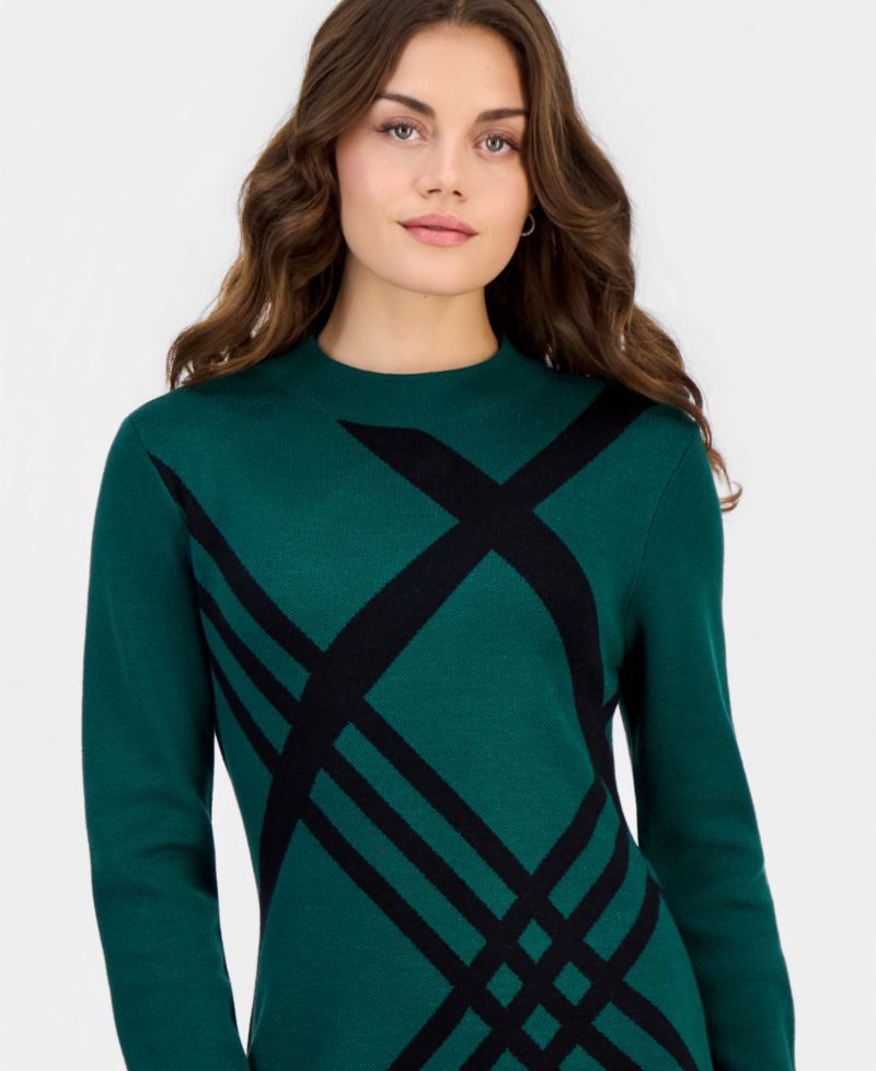 Petite Geometric Mock Neck Long-Sleeve Sweater Dress
