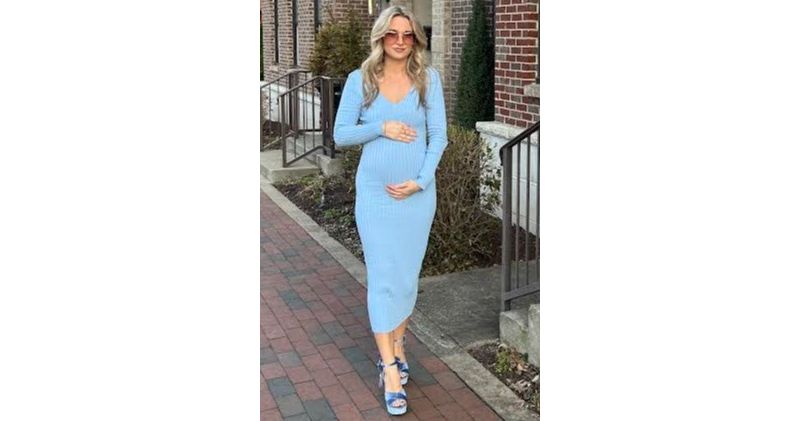 Women's Light Blue V-Neck Long Sleeve Fitted Maxi Dress