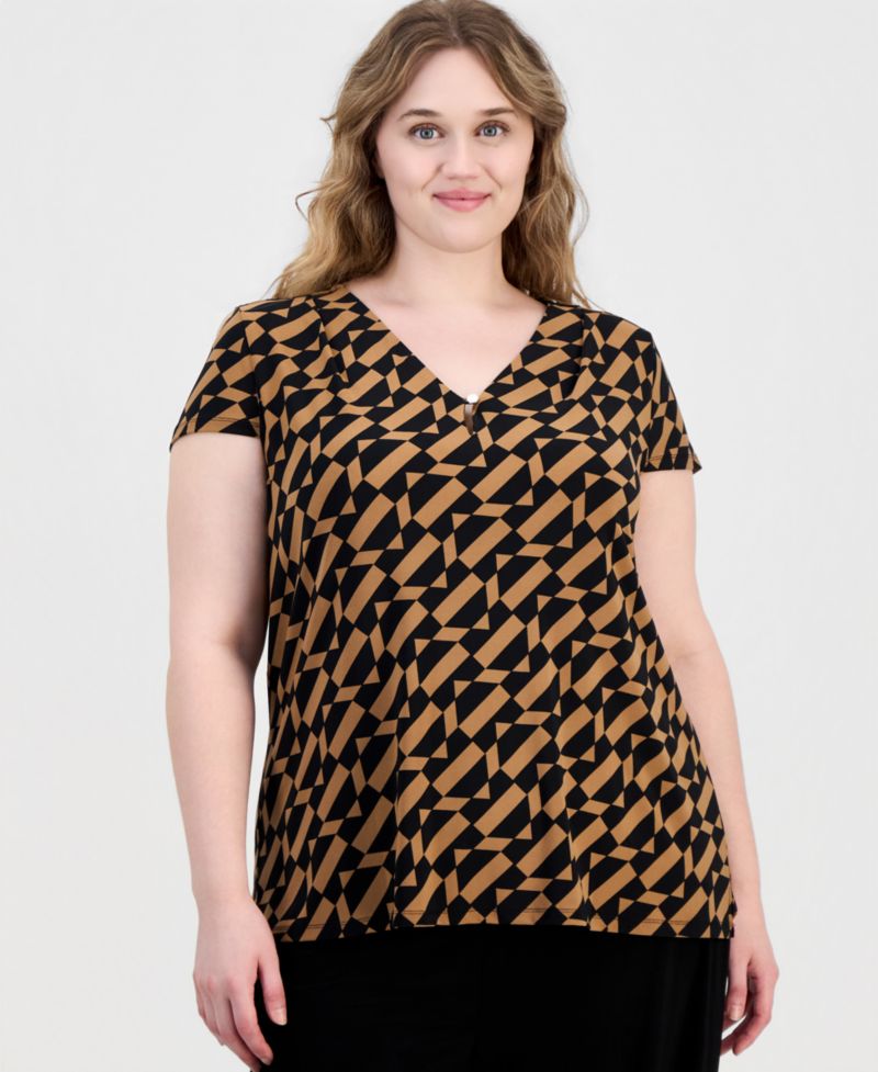 Plus Size Printed V-Neck Cap-Sleeve Top