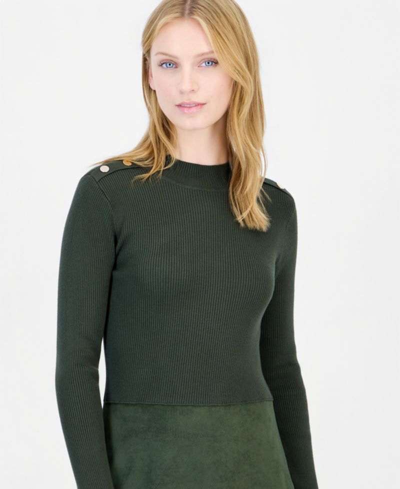 Women's Mock Neck Long-Sleeve Faux Suede Skirt Dress