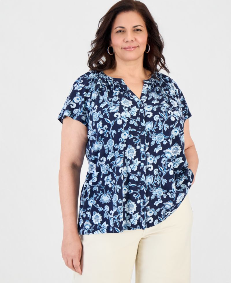 Plus Size Printed Button-Front Flutter-Sleeve Top