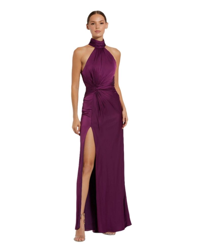 Women's Open Back High Neck Side Ruched Gown