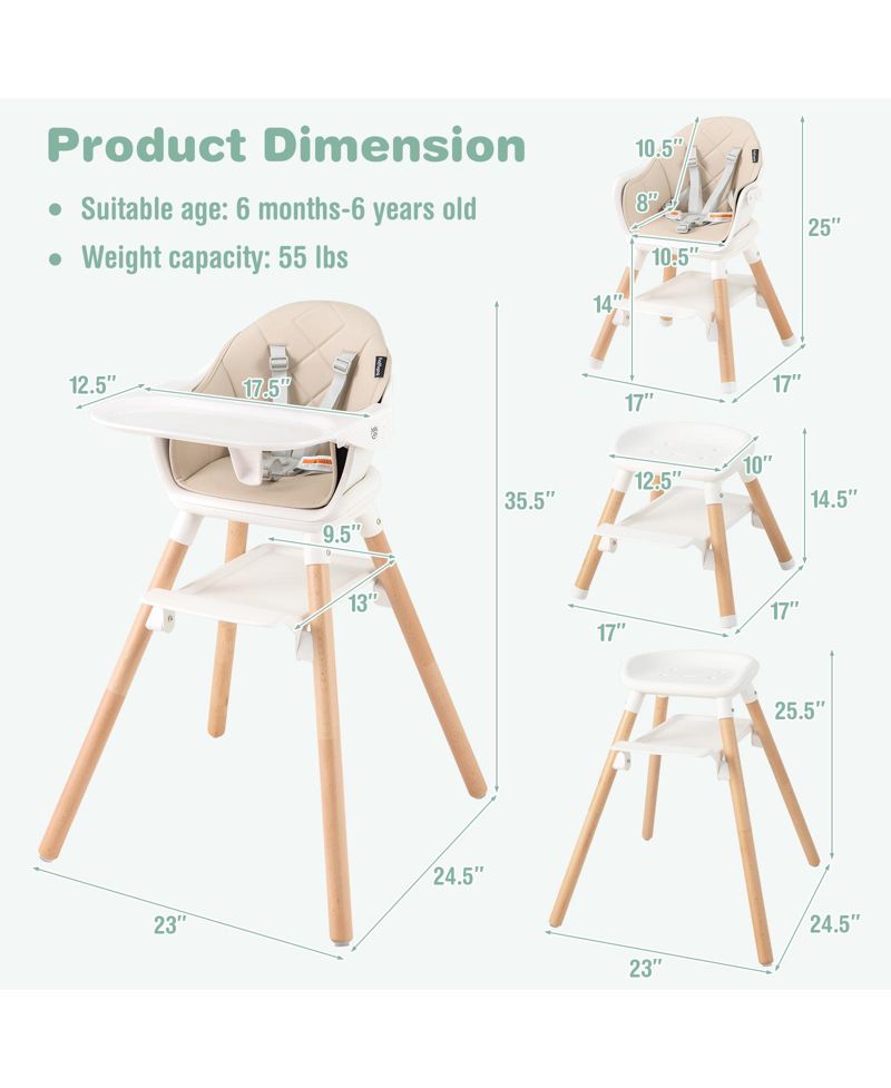6-in-1 Baby High Chair with Removable Tray, Safety Harness and Convertible Design