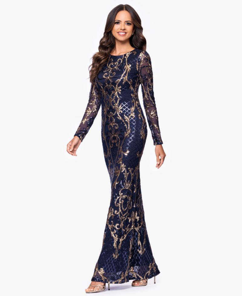 Betsy & Adam Petite Sequinned Mesh-Sleeve Evening Gown