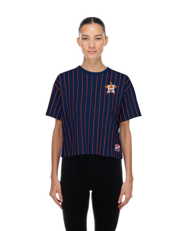 Women's Navy Houston Astros Throwback Meshback Pinstripe Boxy T-Shirt