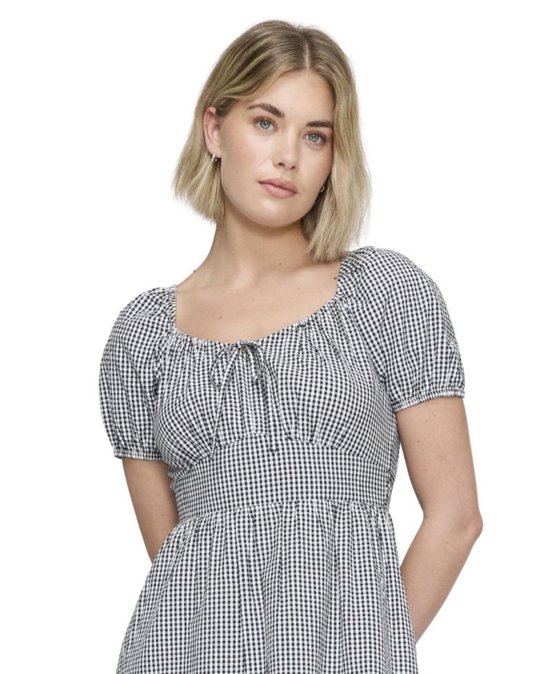 Women's Kaitlyn Gingham Short Puff-Sleeve Sweetheart Midi Dress