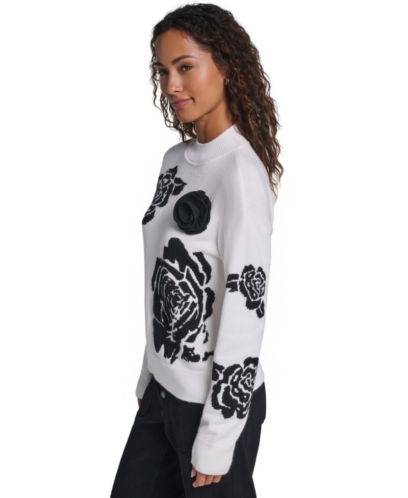Women's Mock-Neck Long-Sleeve Floral Sweater