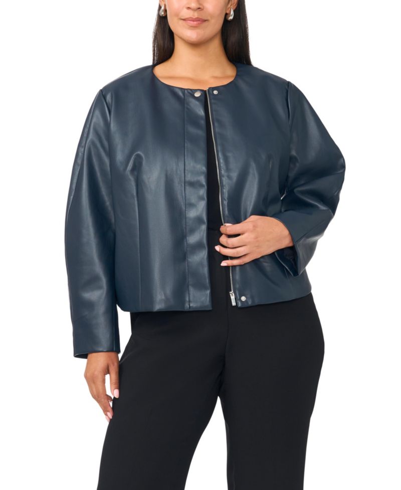 Plus Size Balloon Sleeve Faux Leather Crewneck Jacket