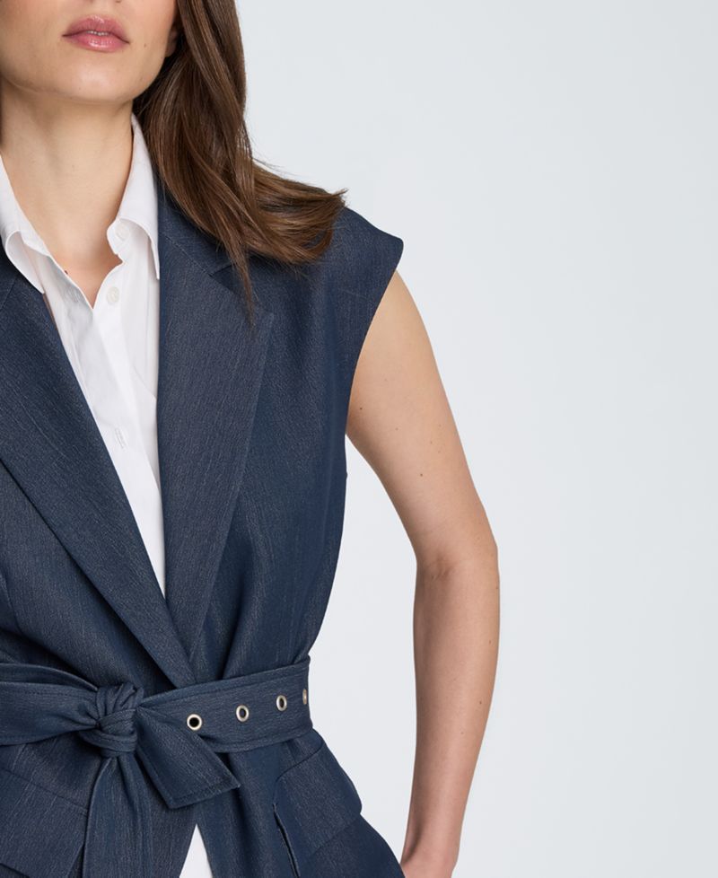 Women's Belted Notch Collar Vest with Detachable Shirt
