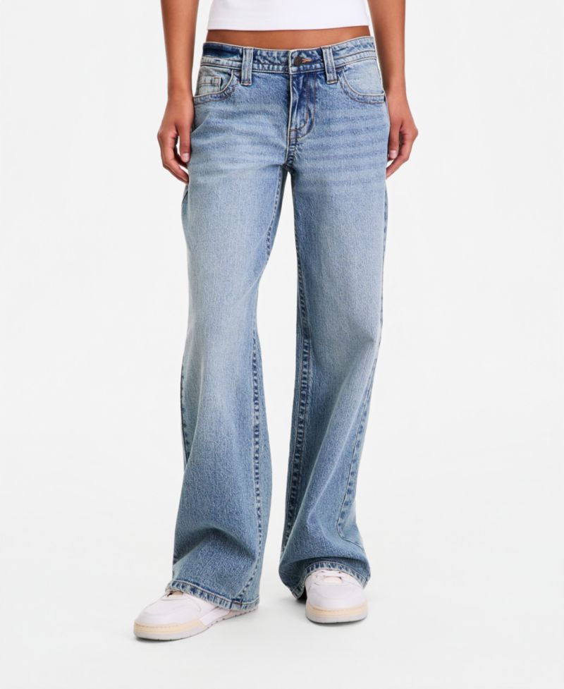 Juniors' Low Rise V-Waist Baggy Embroidered Straight Leg Jean