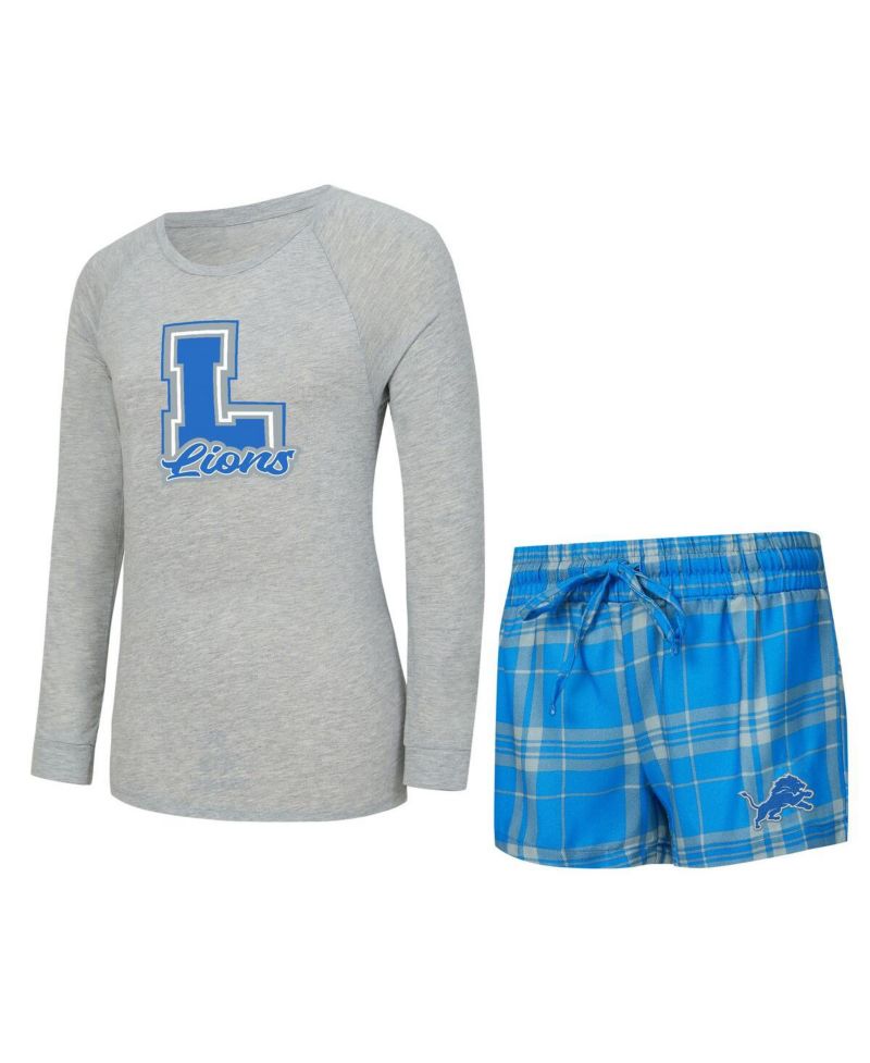 Women's 2-Piece Heather Gray/Blue Detroit Lions Regulate Plaid Long-Sleeve T-Shirt Shorts Sleep Set
