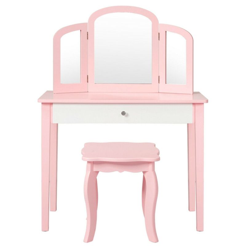Kids Princess Vanity Dressing Table Set with Tri-Fold Mirror and Chair