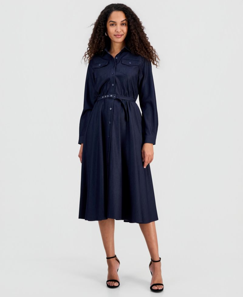 Women's Belted Button Long-Sleeve Fit & Flare Dress