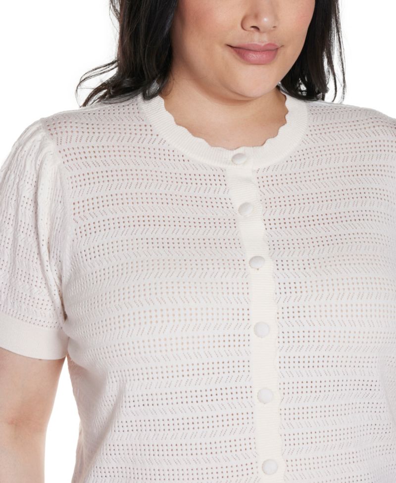Plus Size Pointelle Scalloped-Placket Cardigan Sweater