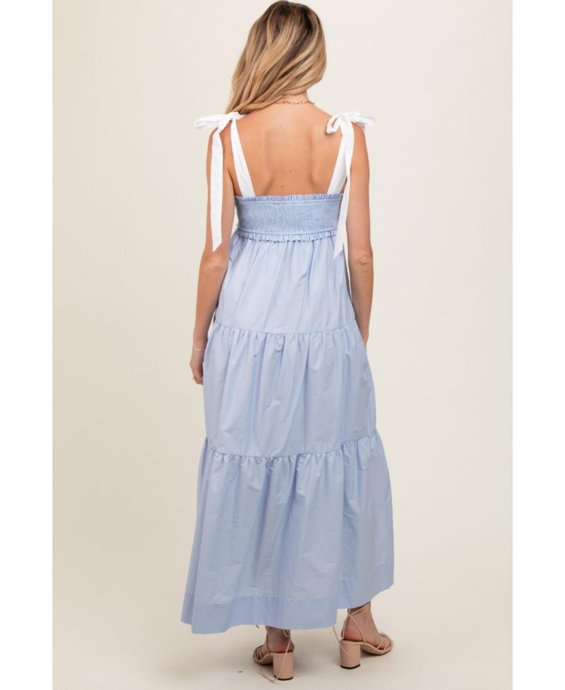 Women's Light Blue Contrast Shoulder Straps Maxi Dress