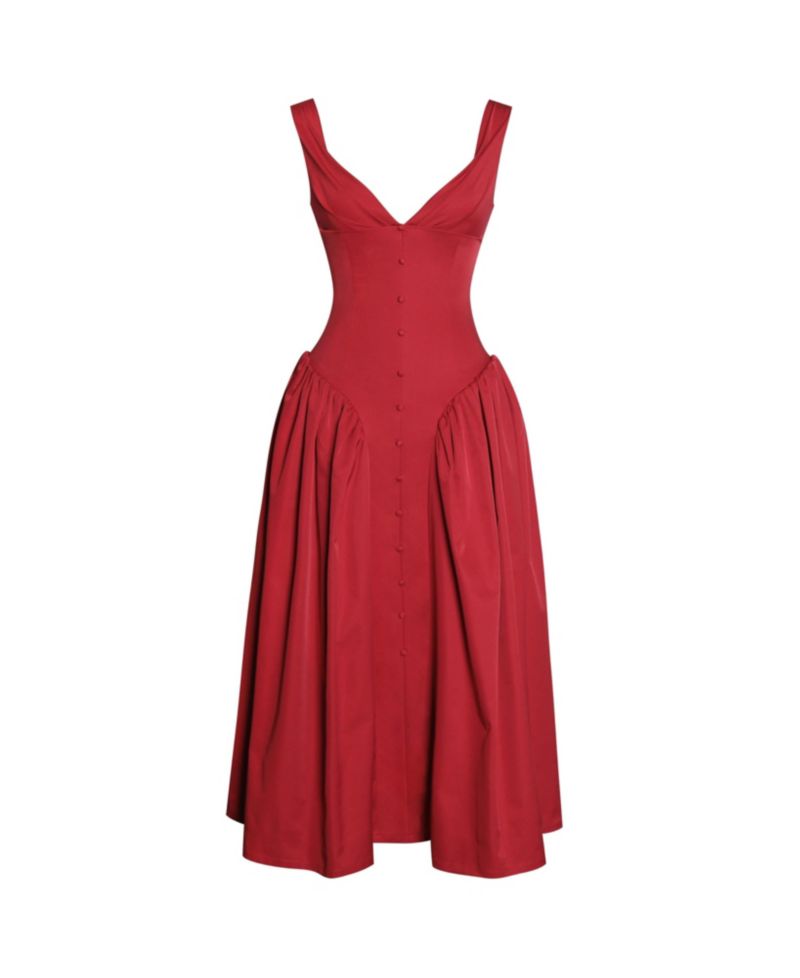 Women's Nahla Red Drop Waist Midi Dress with Buttons