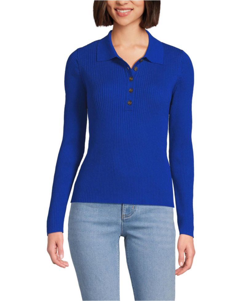 Women's Cotton Ribbed Long Sleeve Polo Sweater