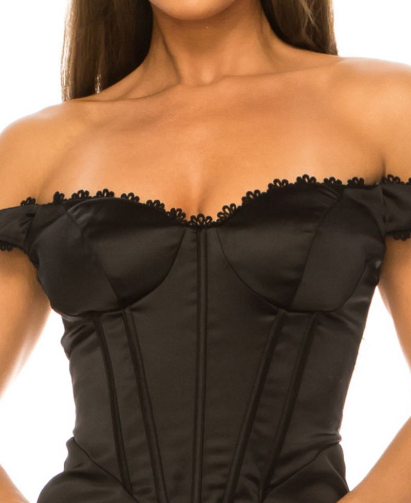Juniors' Off-the-Shoulder Satin Corset-Style Midi Dress
