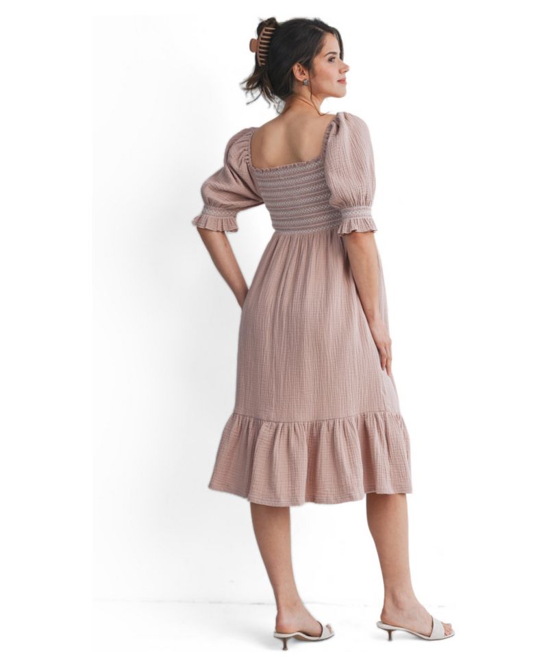 Women's Smocked Empire Waist Puff Sleeve Midi Dress with Ruffle Hem