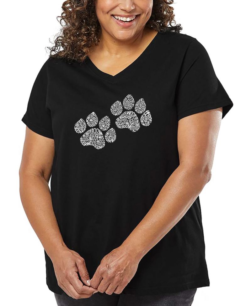 Plus Size Woof Paw Prints Word Art V-Neck T-Shirt