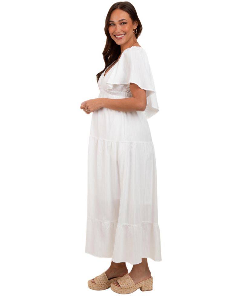 Women's Ivory Deep V-Neck Flutter Sleeve Tiered Midi Dress