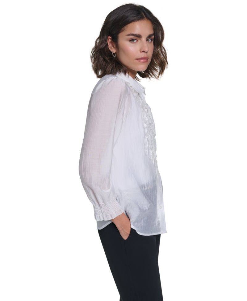 Women's Ruffle Button Woven Collar Neck Top