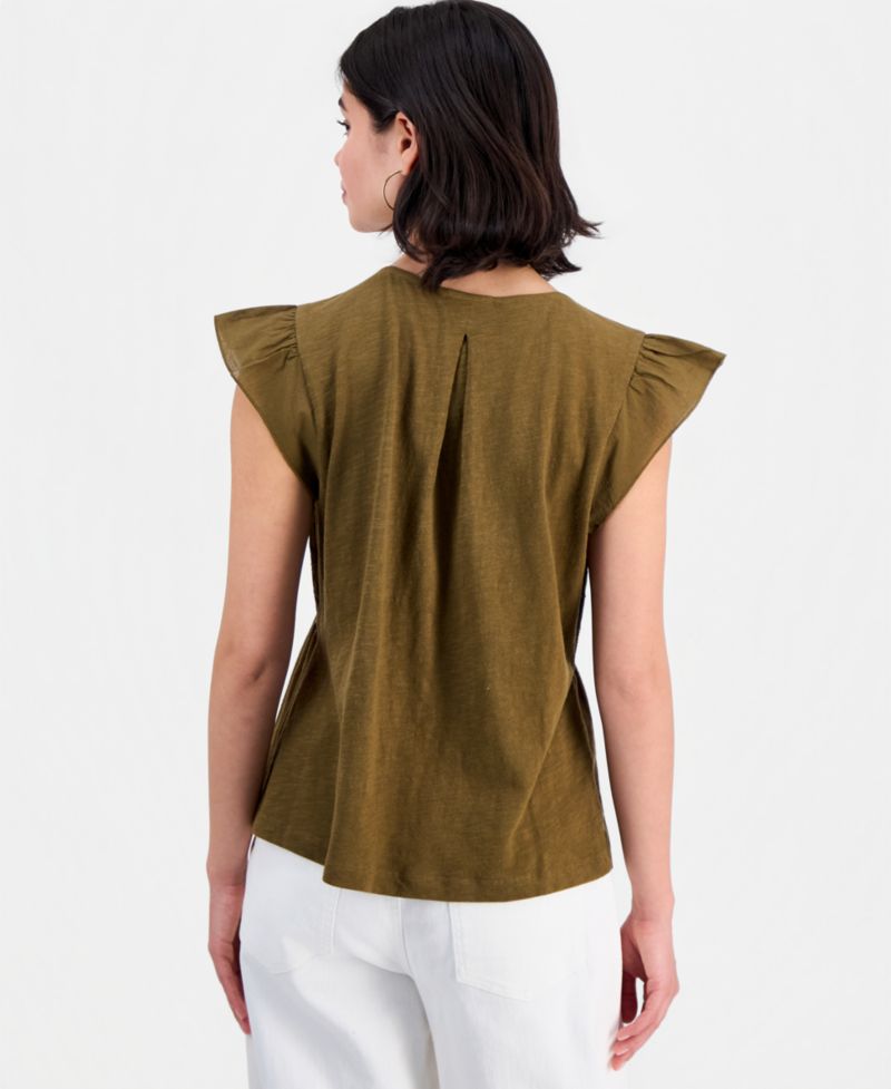 Petite Embroidered Cotton Flutter-Sleeve Top