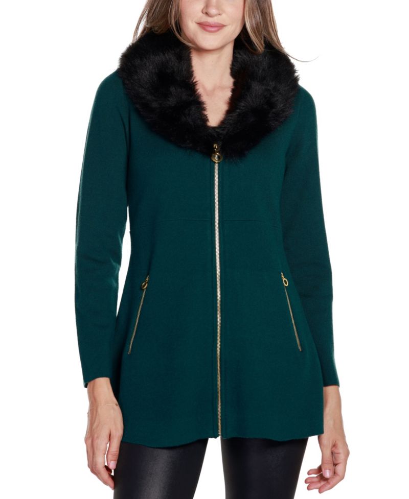 Women's Black Label Faux Fur Collar Cardigan Sweater