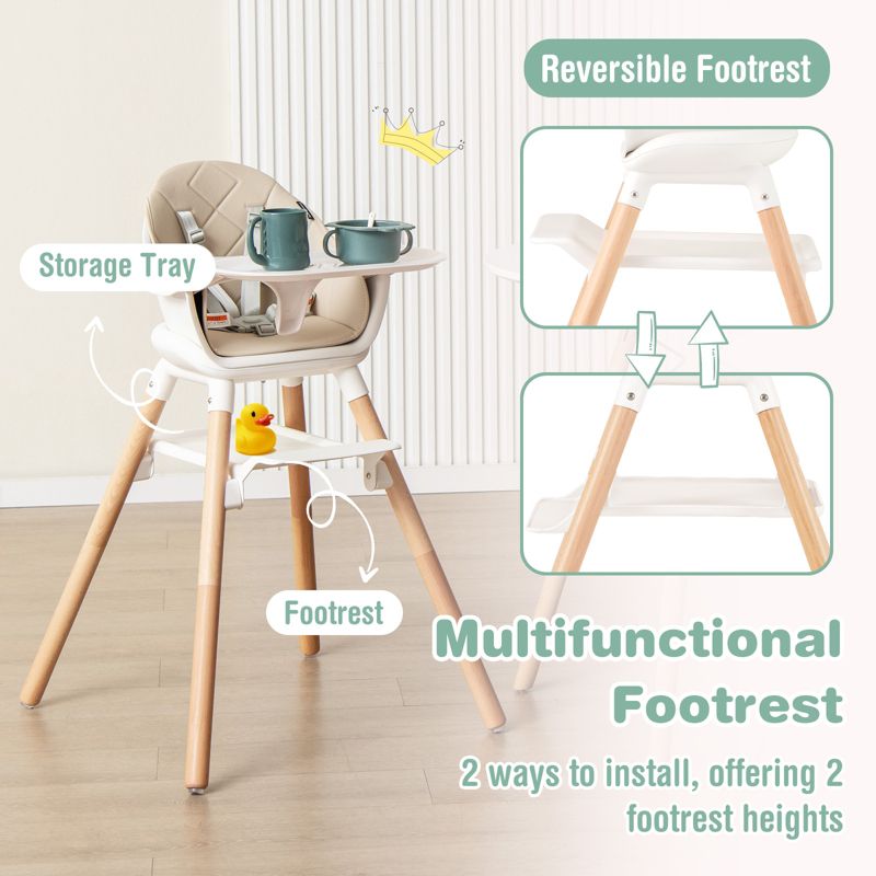 6-in-1 Convertible Baby High Chair with Safety Harness and Removable Tray