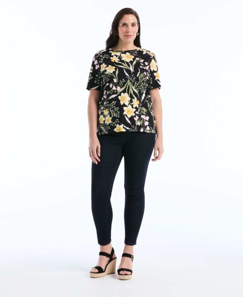Plus Size Garden Print Button-Detail Short-Sleeve Top