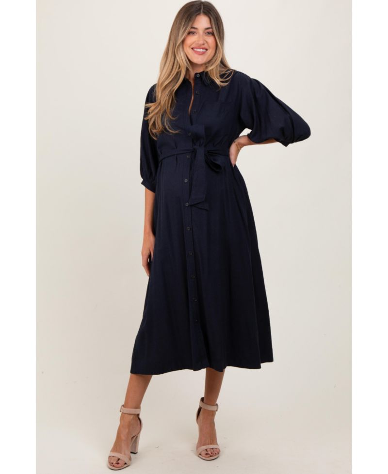 Women's Navy 3/4 Bubble Sleeve Midi Shirt Dress