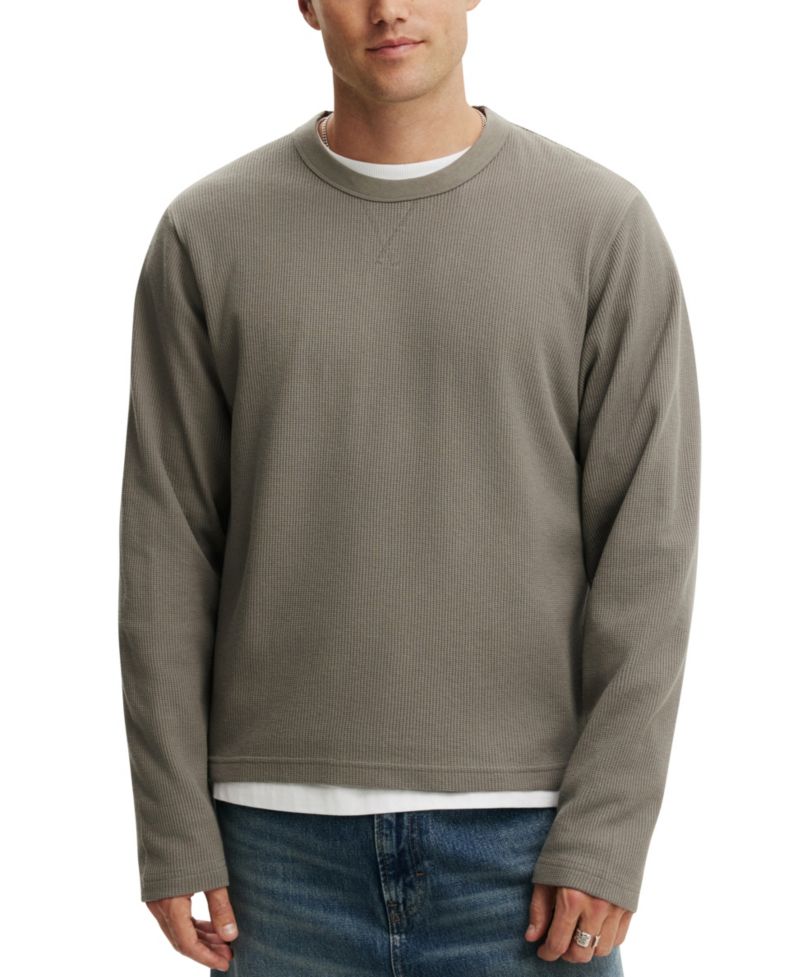 Men's Cropped-Fit Waffle Textured Long-Sleeve T-Shirt