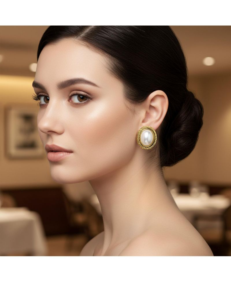 Chic White Faux Pearl Twist Rope Setting Oval Clip-On Earrings Gold Plated