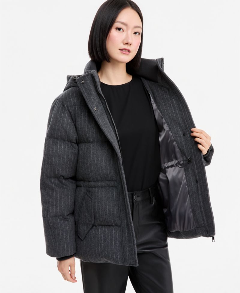 Women's Pinstripe Quilted Hooded Puffer Coat