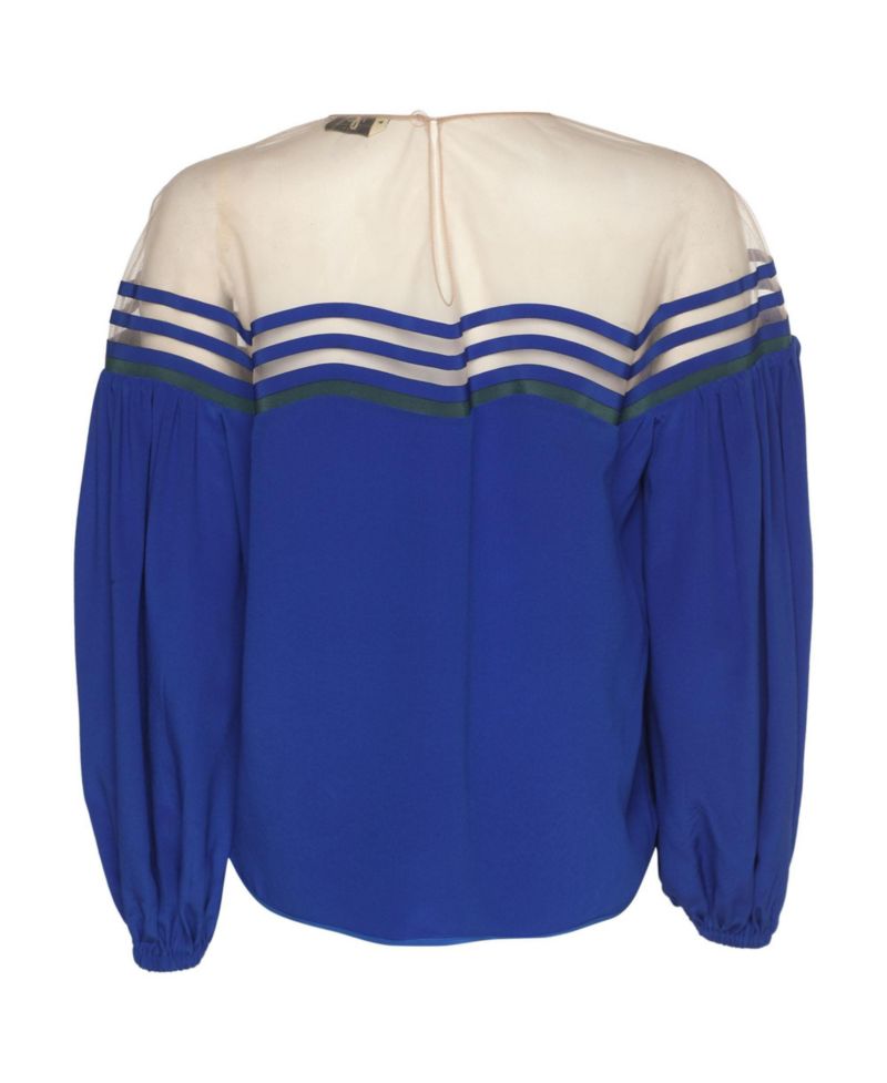 Women's Long-Sleeve Colorblock Crewneck Silk Blouse