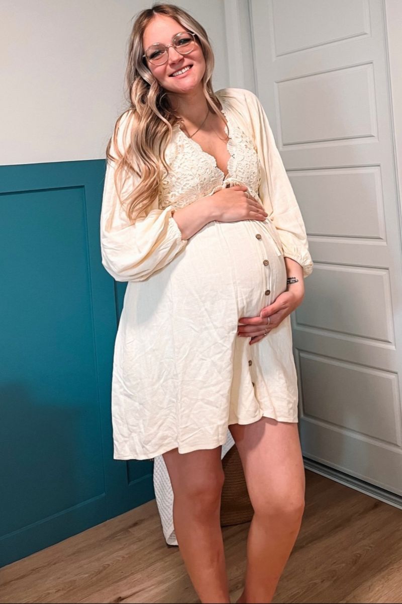 Women's Beige Crochet Lace Button Front Dress