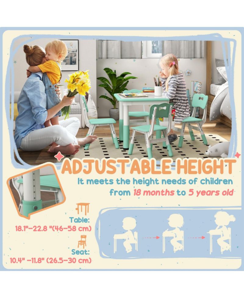 Kids Table and Chair Set Height Adjustable 5 Piece Toddler Table Set with Storage Box Easy Clean Activity Table with 4 Chairs for 18M 5Y Green