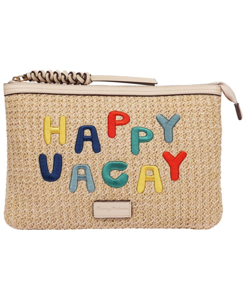 Happy Vacay Raffia Clutch - Woven Straw Zip Pouch with Embroidered Lettering