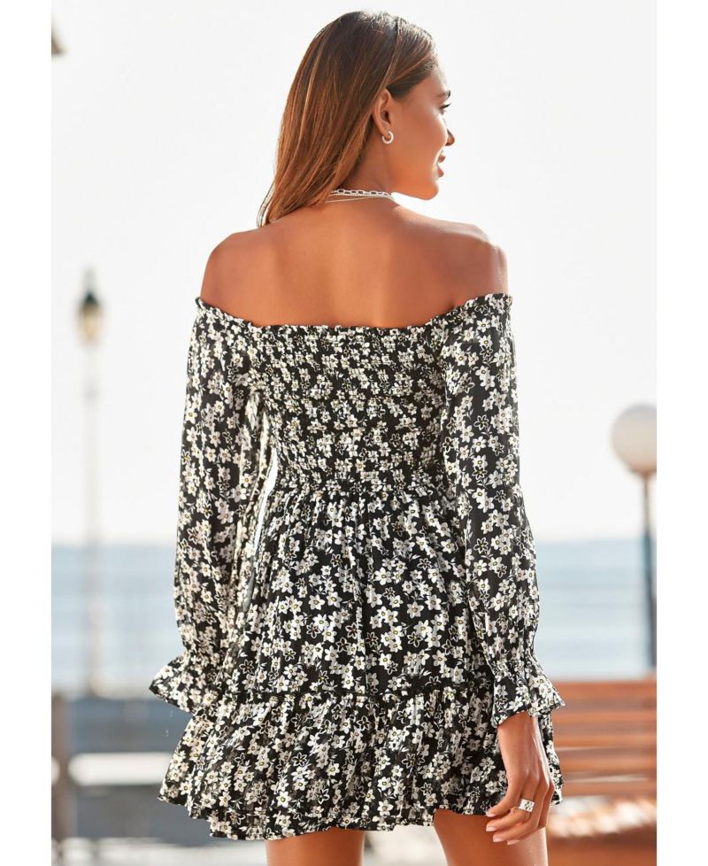 Women's Floral Print Off Shoulder Lace Ruffle-Trim Short Dress