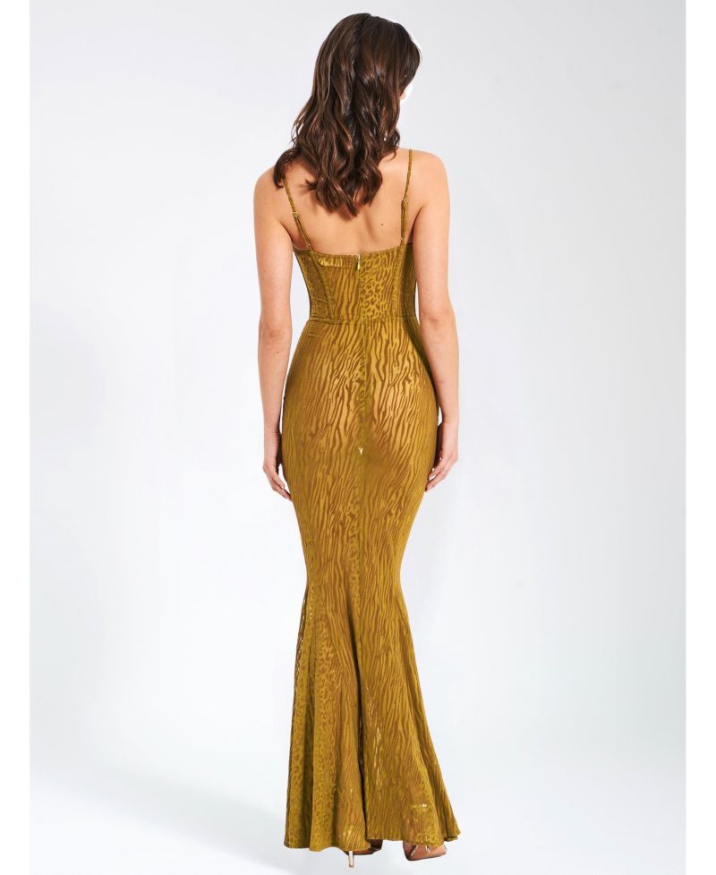 Women's Ulani Gold Burnout Velvet Detail Mesh Maxi Dress