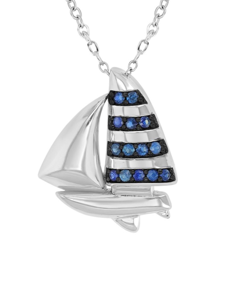 Created Blue Sapphire Ship Necklace in Rhodium Over Sterling Silver