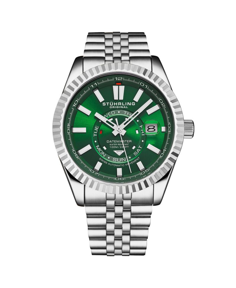 Datemaster II Men’s Swiss Automatic 42mm Stainless Steel Watch, Green Dial, Fluted Bezel, Day & Date, 100M Water Resistant