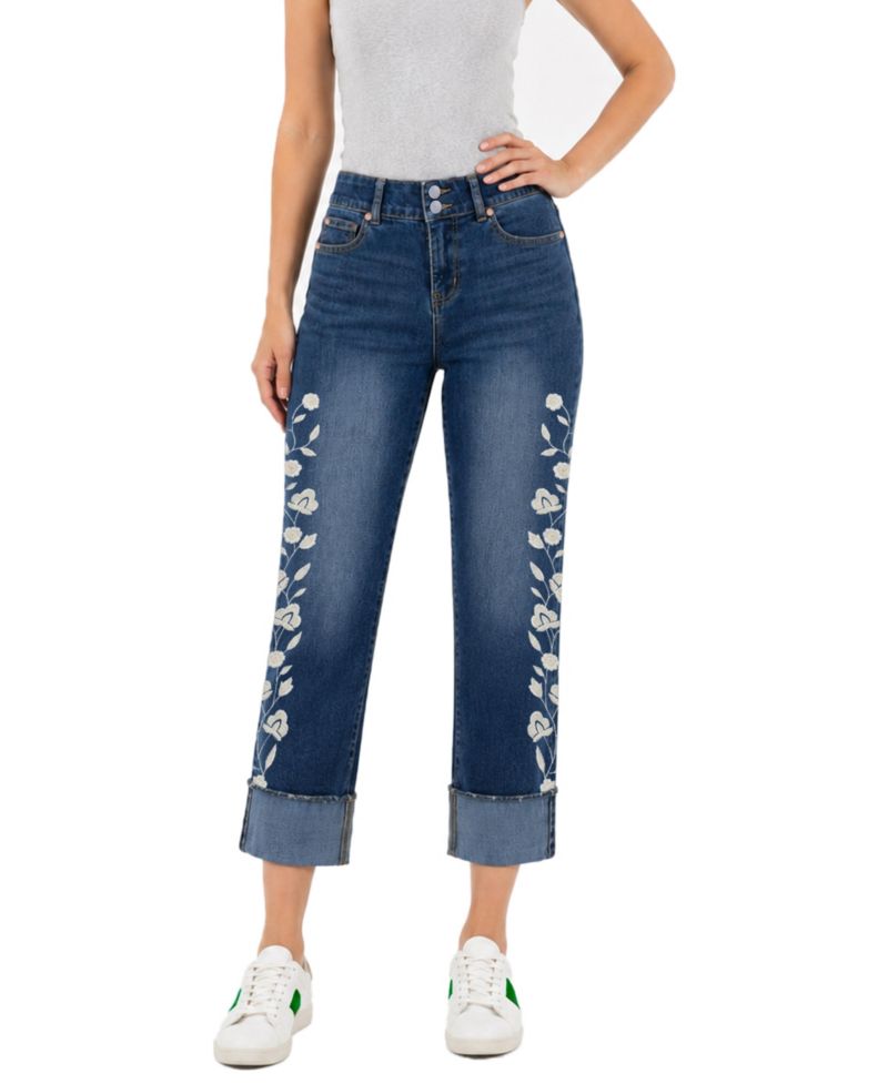 Women's Two Button Tummy Control Embroidered Wide Cuff Crop