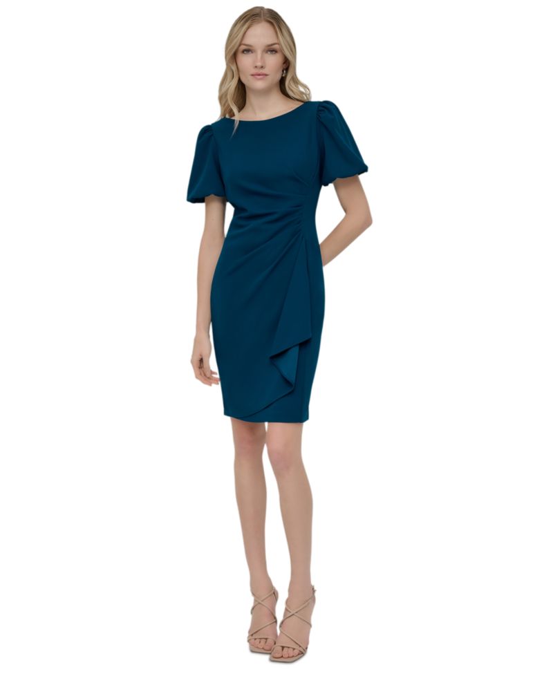 Women's Bubble-Sleeve Scuba Crepe Ruched Sheath Dress