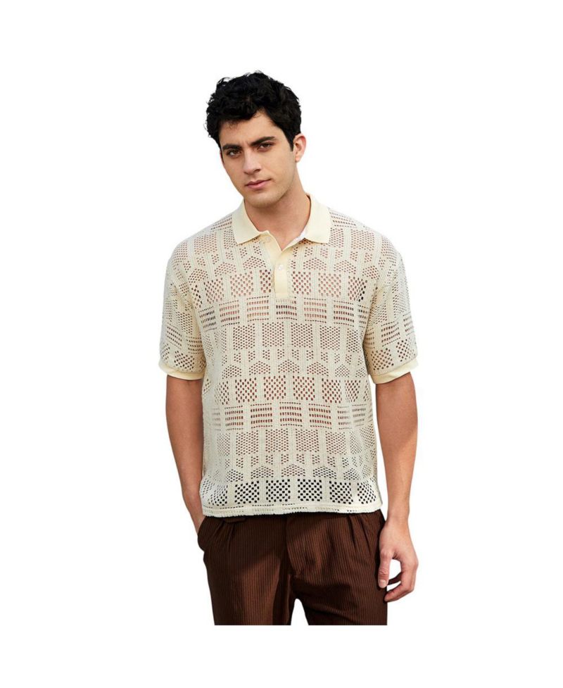 Men's Buff Beige Geo-Boho Oversized Polo T-Shirt