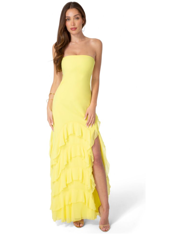 Women's Strapless Cascade Ruffle Chiffon Maxi Dress